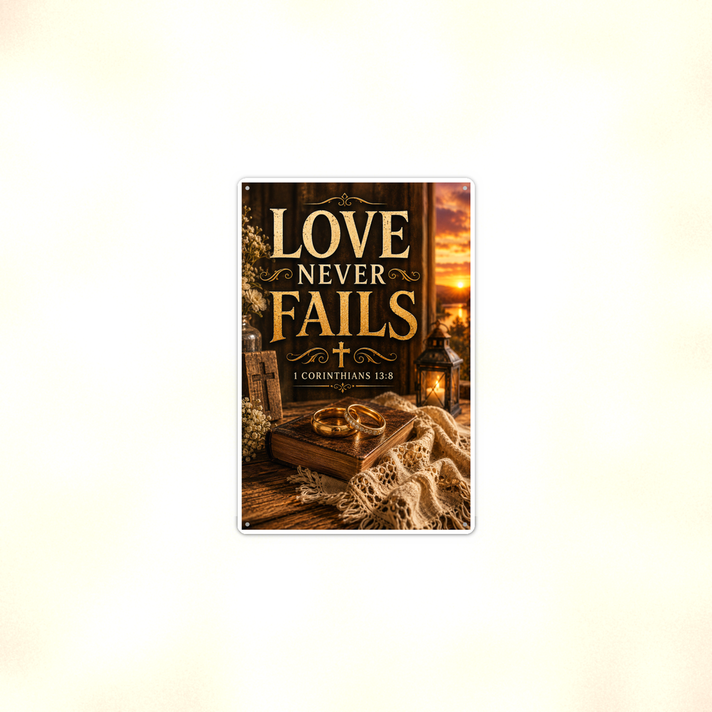 Love Never Fails - 1 Corinthians 13:8, Christian Metal Sign 8x12 & 12x18 — Context view