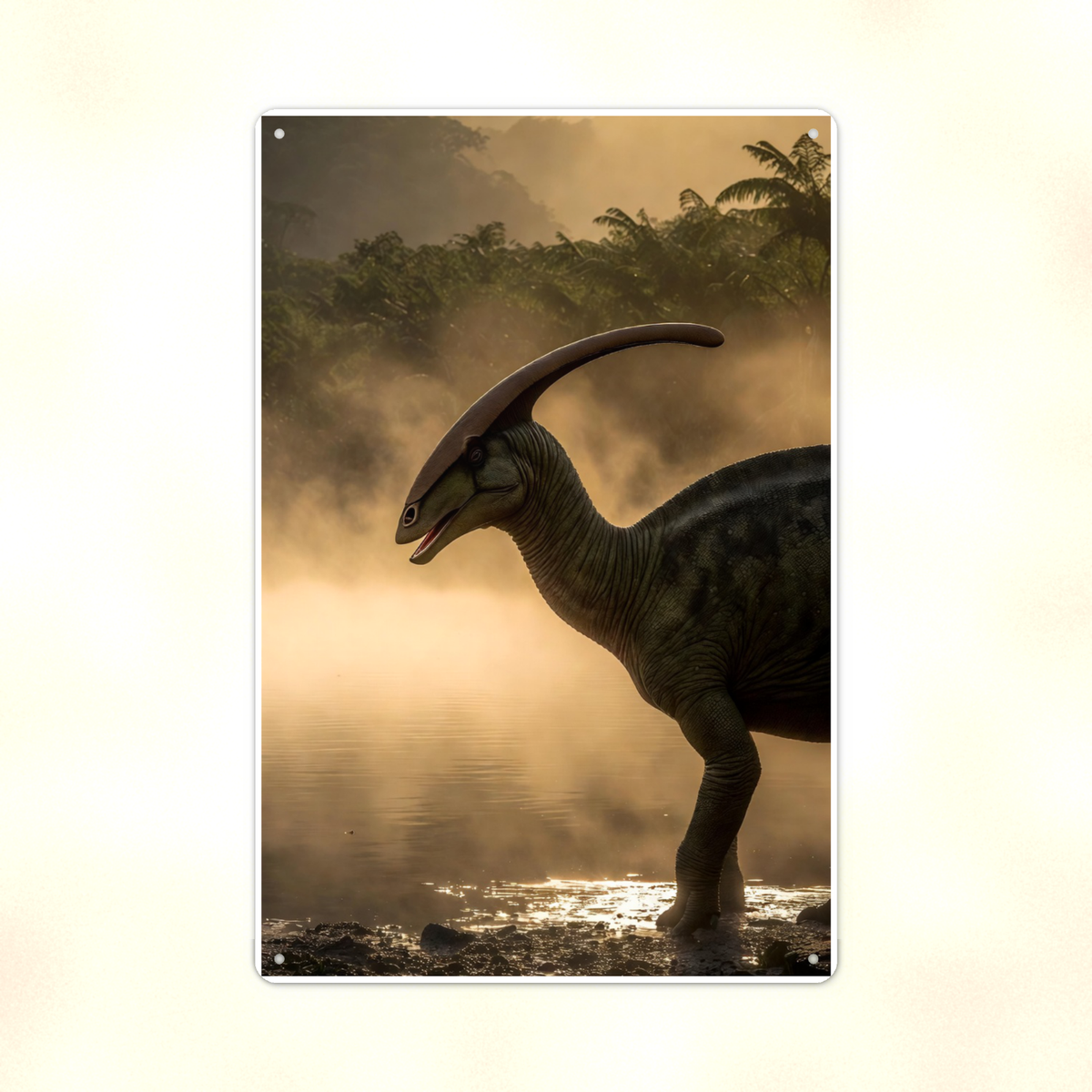 Parasaurolophus Misty River - Dinosaur Metal Sign 8x12 & 12x18, Aluminum Decor — Print detail