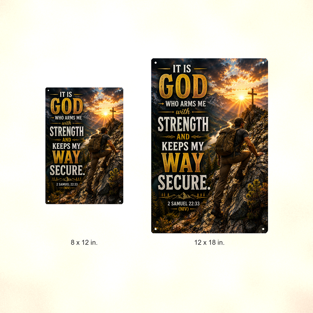 It Is God Who Arms Me With Strength - 2 Samuel 22:33, Christian Metal Sign 8x12 & 12x18 — Size options comparison