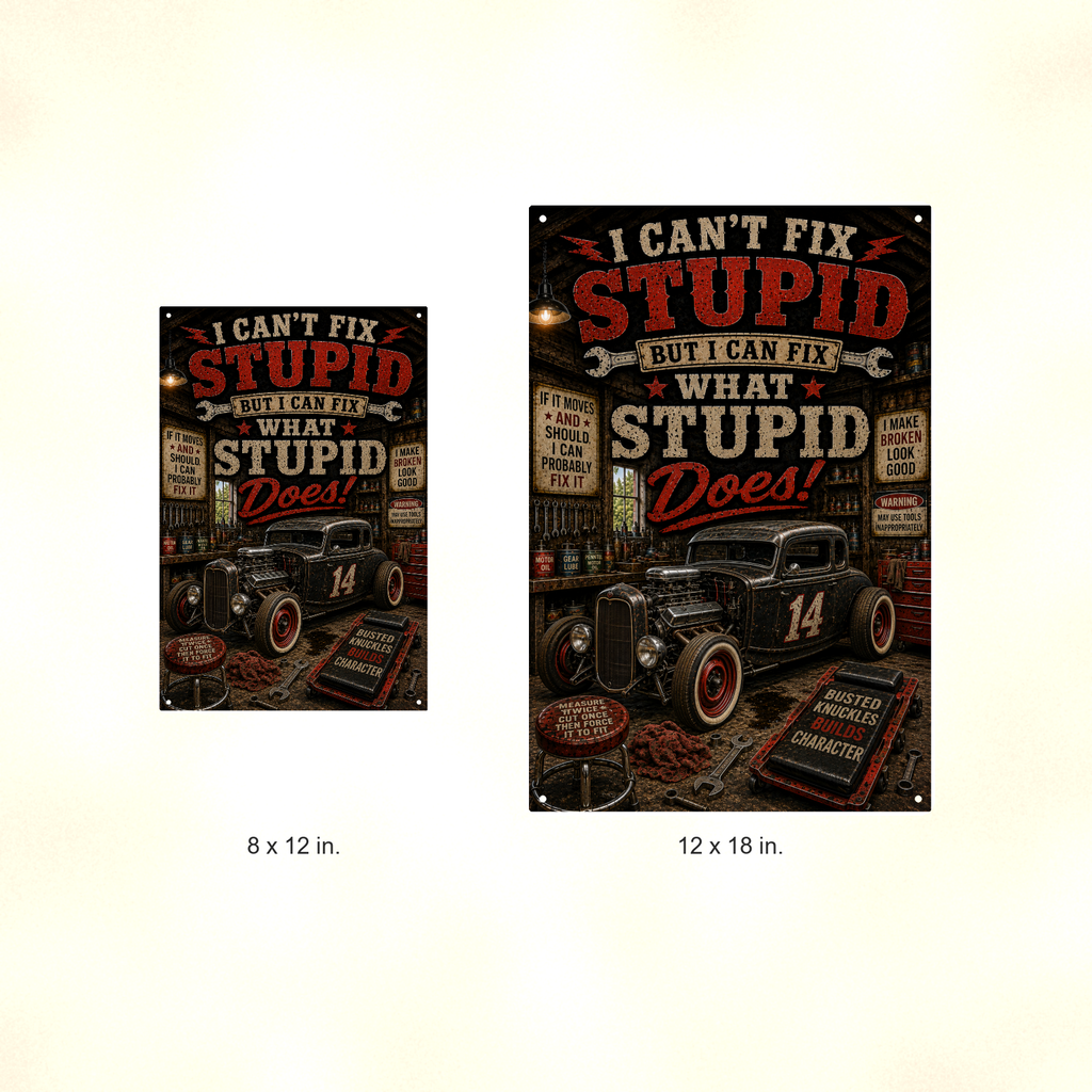 I Can't Fix Stupid - Funny Garage Metal Sign 8x12 & 12x18, Aluminum Mechanic Shop Decor — Size options comparison