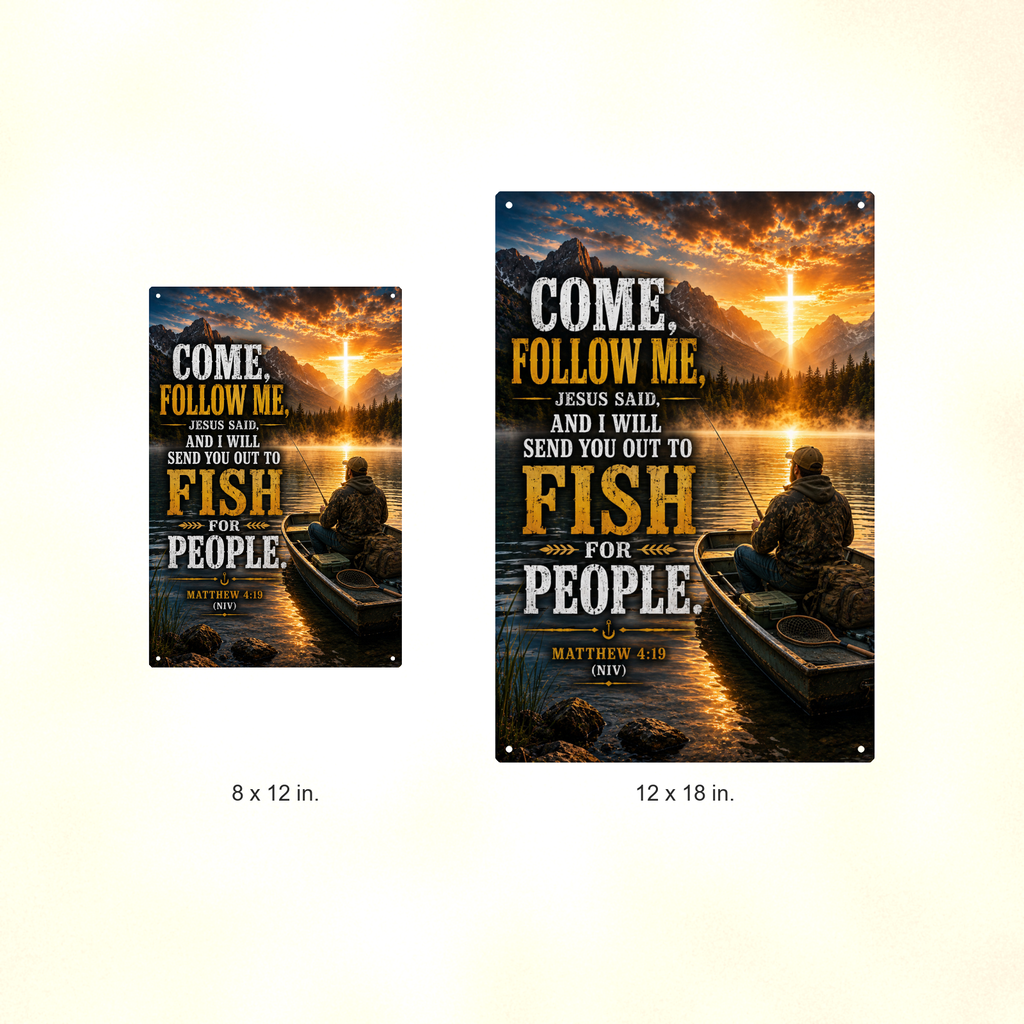 Come, Follow Me, Jesus Said - Matthew 4:19, Christian Metal Sign 8x12 & 12x18 — Size options comparison