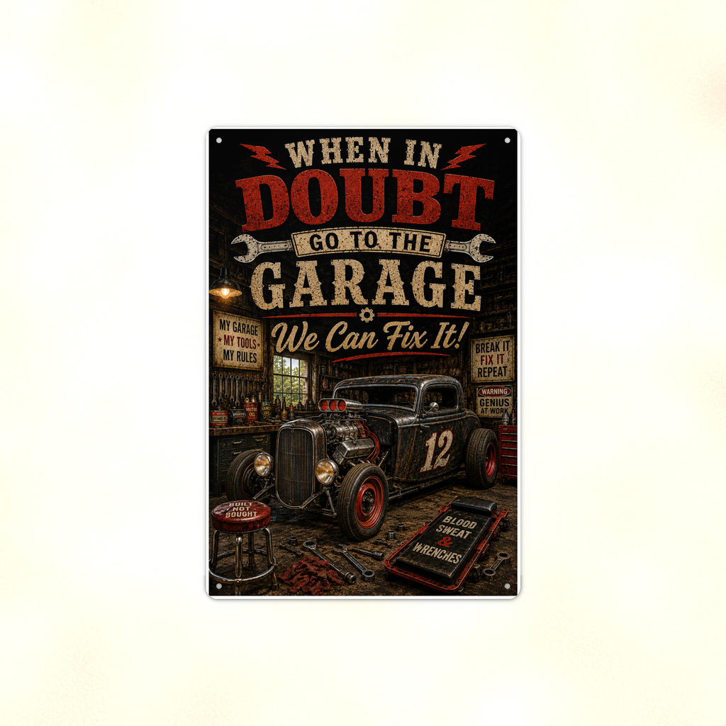 When In Doubt Go To The Garage - Funny Metal Sign 8x12 & 12x18, Aluminum Shop Decor — Full product view