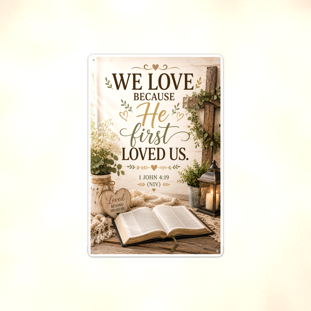 We Love Because He First Loved Us - 1 John 4:19, Christian Metal Sign 8x12 & 12x18 — Full product view