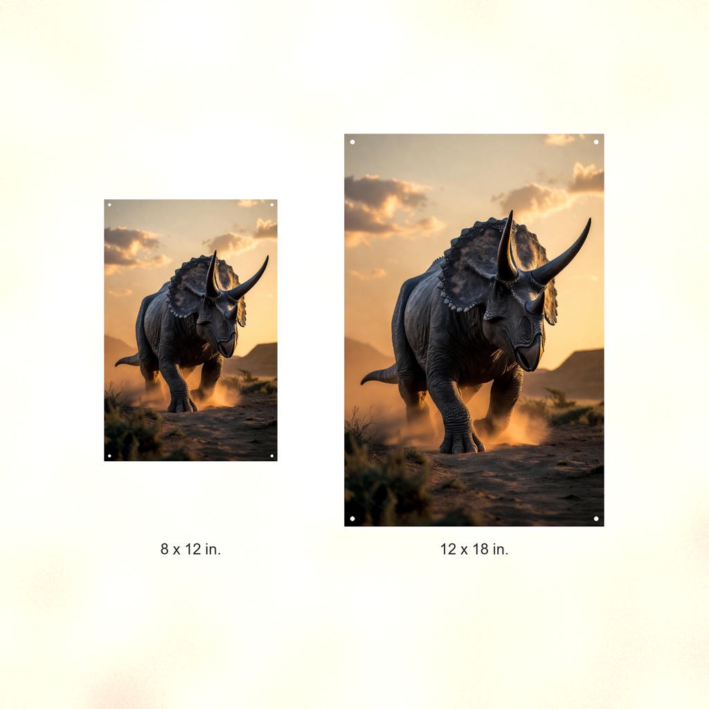 Triceratops Sunset Plains - Dinosaur Metal Sign 8x12 & 12x18, Aluminum Decor — Size options comparison