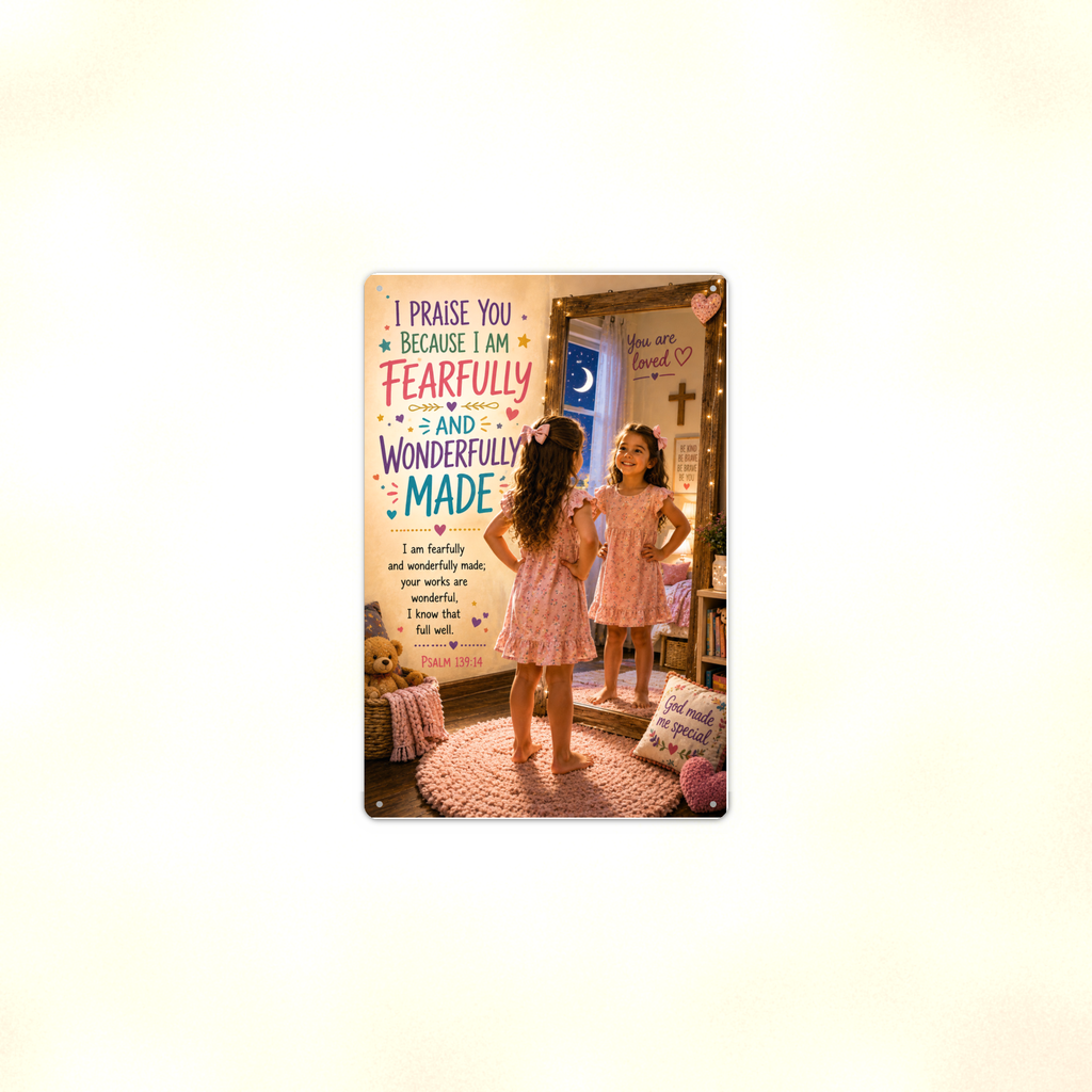 I Am Fearfully And Wonderfully Made - Psalm 139:14, Girl's Christian Metal Sign 8x12 & 12x18 — Context view
