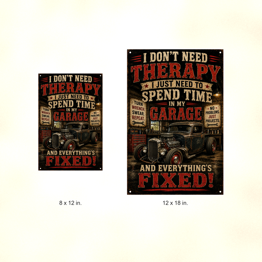 I Don't Need Therapy, Spend Time In My Garage - Funny Metal Sign 8x12 & 12x18 — Size options comparison