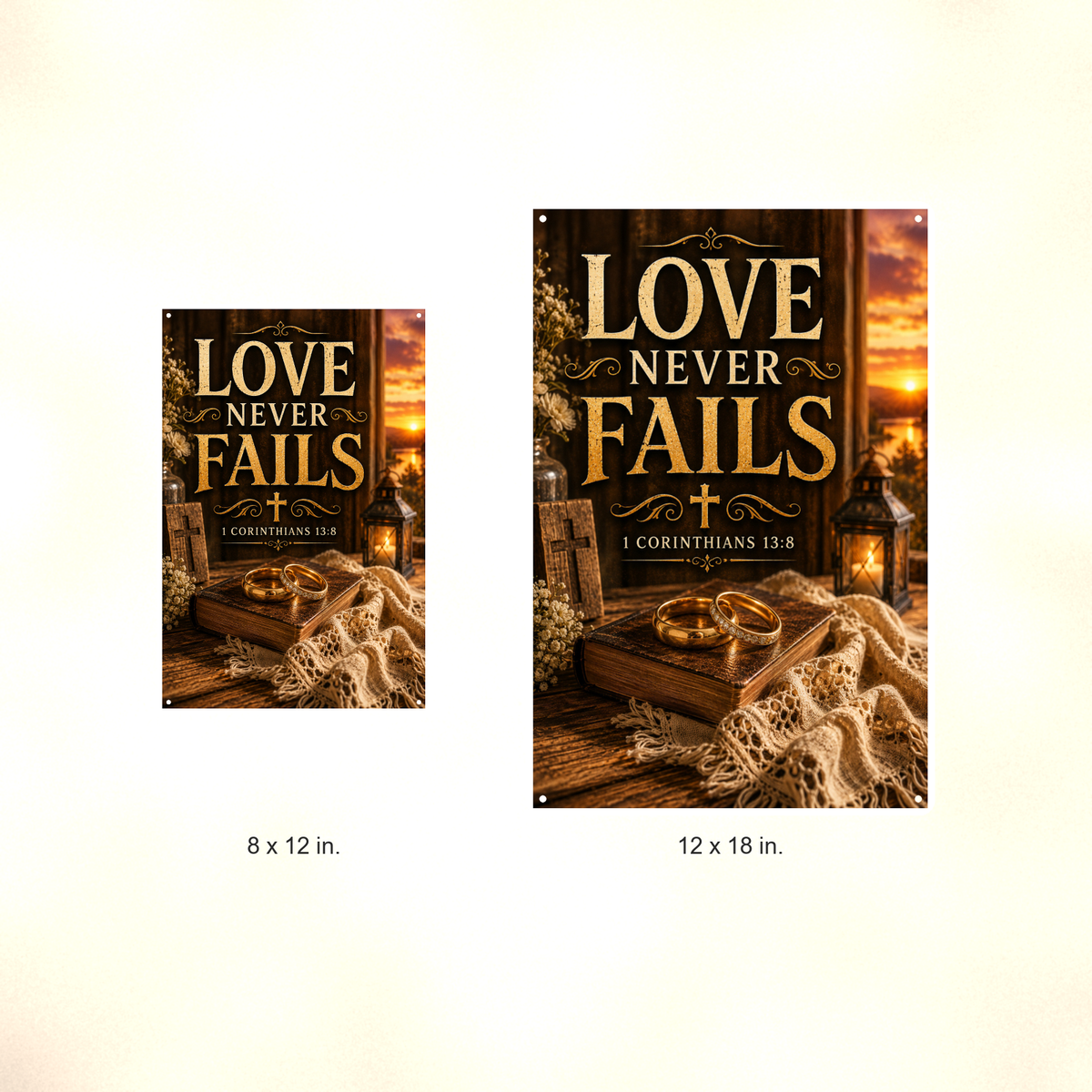 Love Never Fails - 1 Corinthians 13:8, Christian Metal Sign 8x12 & 12x18 — Size options comparison
