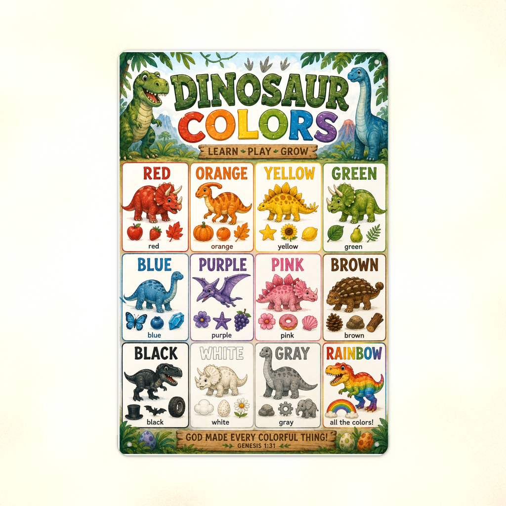Dinosaur Colors - Genesis 1:31 Scripture, Kids Christian Metal Sign 8x12 & 12x18, Homeschool Classroom Nursery Decor — Print detail