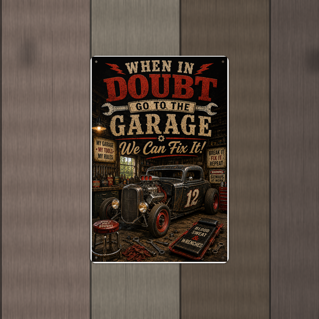 When In Doubt Go To The Garage - Funny Metal Sign 8x12 & 12x18, Aluminum Shop Decor — Alternate wall view
