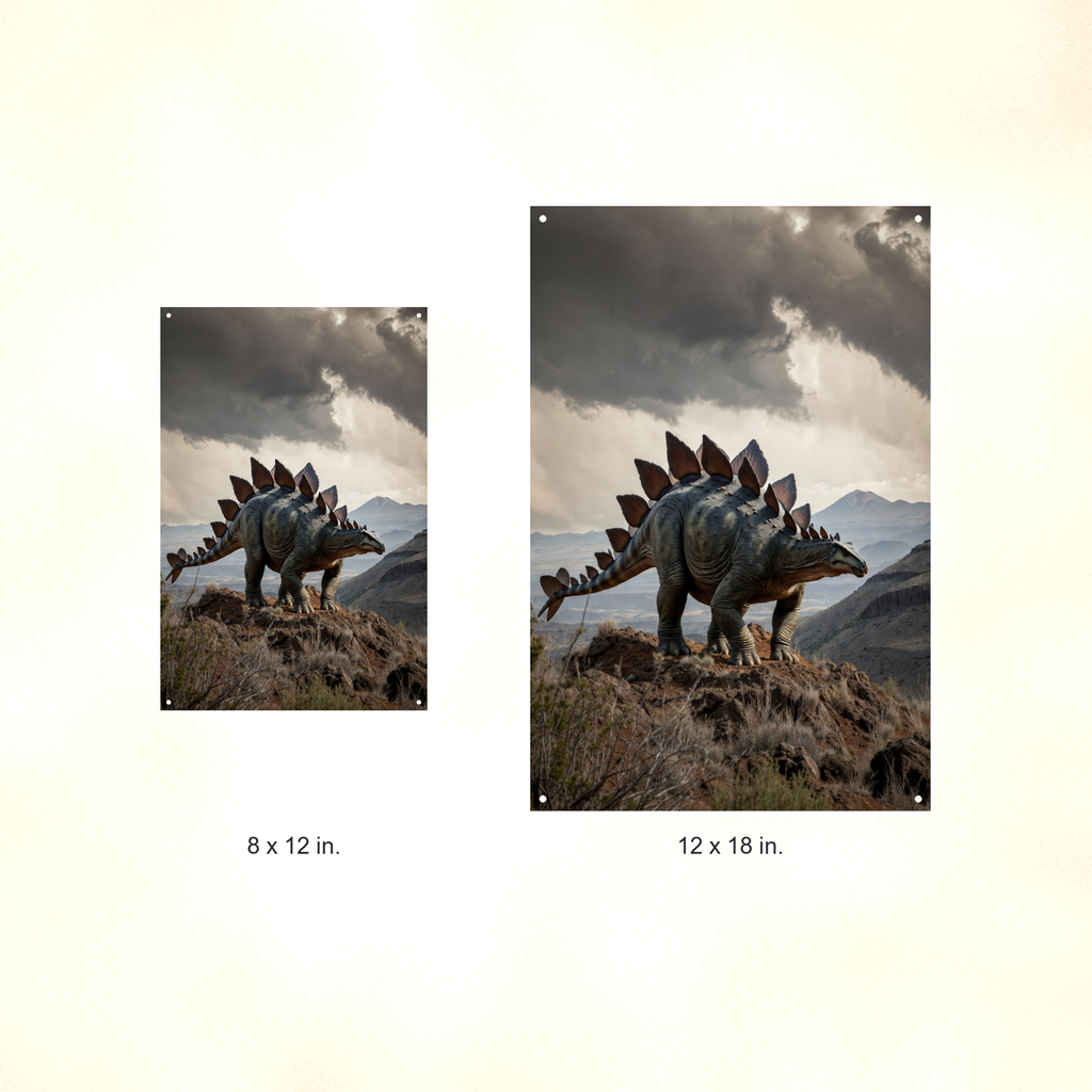 Stegosaurus Mountain Ridge - Dinosaur Metal Sign 8x12 & 12x18, Aluminum Decor — Size options comparison