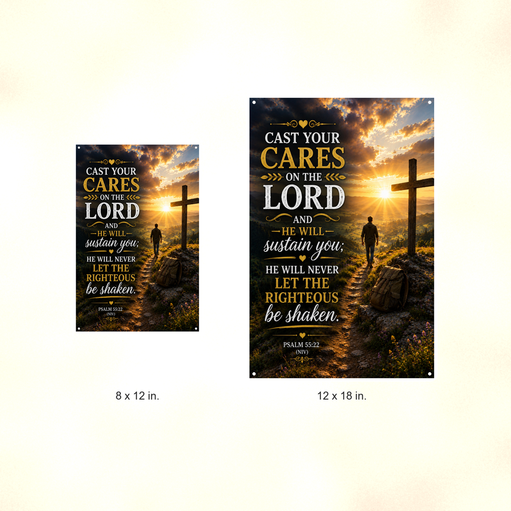 Cast Your Cares On The Lord - Psalm 55:22, Christian Metal Sign 8x12 & 12x18 — Size options comparison