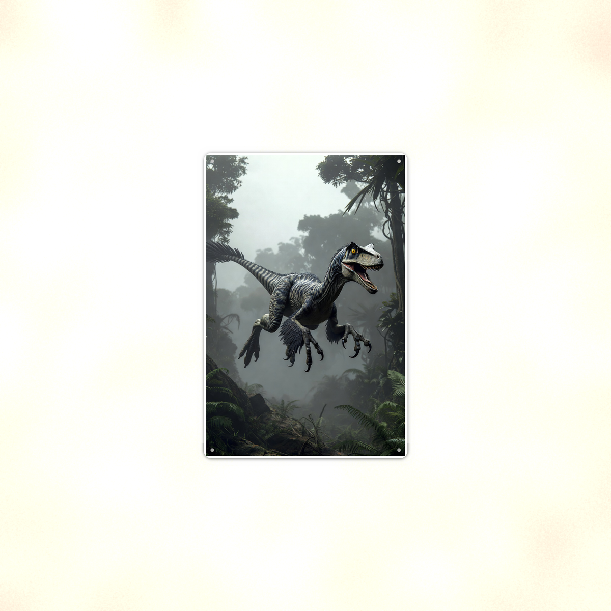 Feathered Raptor Leaping - Dinosaur Metal Sign 8x12 & 12x18, Aluminum Decor — Context view