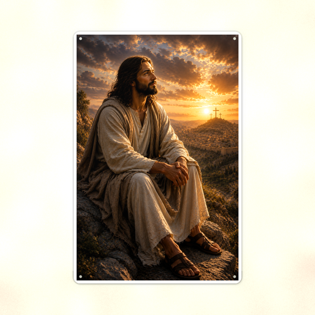 Jesus On The Hillside At Sunset - Christian Metal Sign 8x12 & 12x18 — Print detail