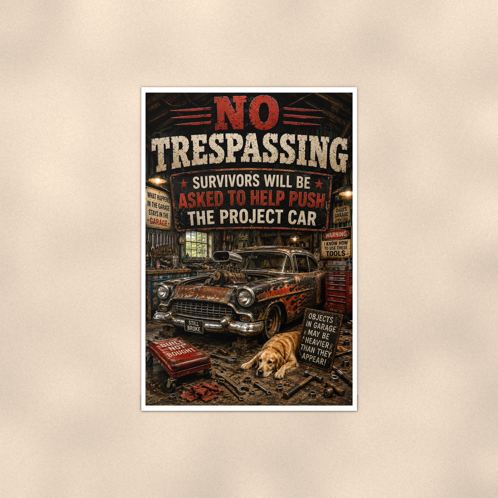 No Trespassing - Help Push The Project Car, Funny Poster 16x24 & 24x36 — Full product view