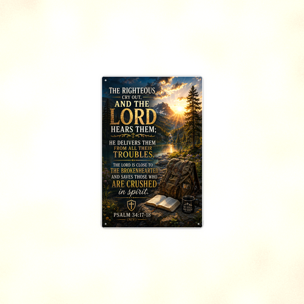 The Righteous Cry Out, And The Lord Hears Them - Psalm 34:17-18, Christian Metal Sign 8x12 & 12x18 — Context view