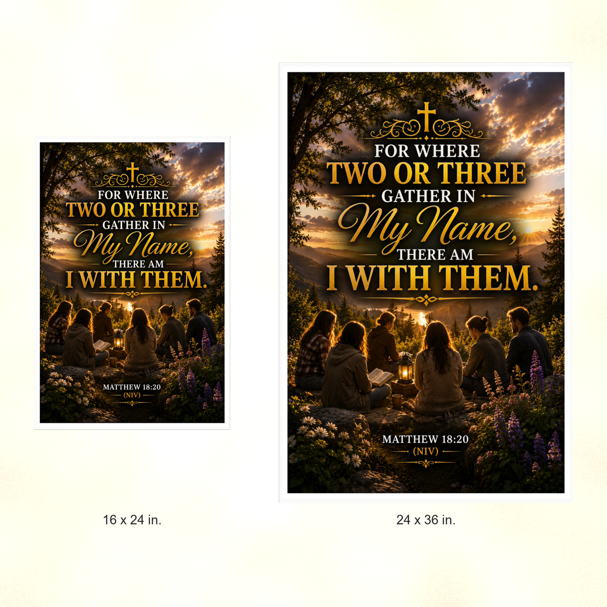 Poster size comparison: 16 x 24 inches and 24 x 36 inches, unframed.