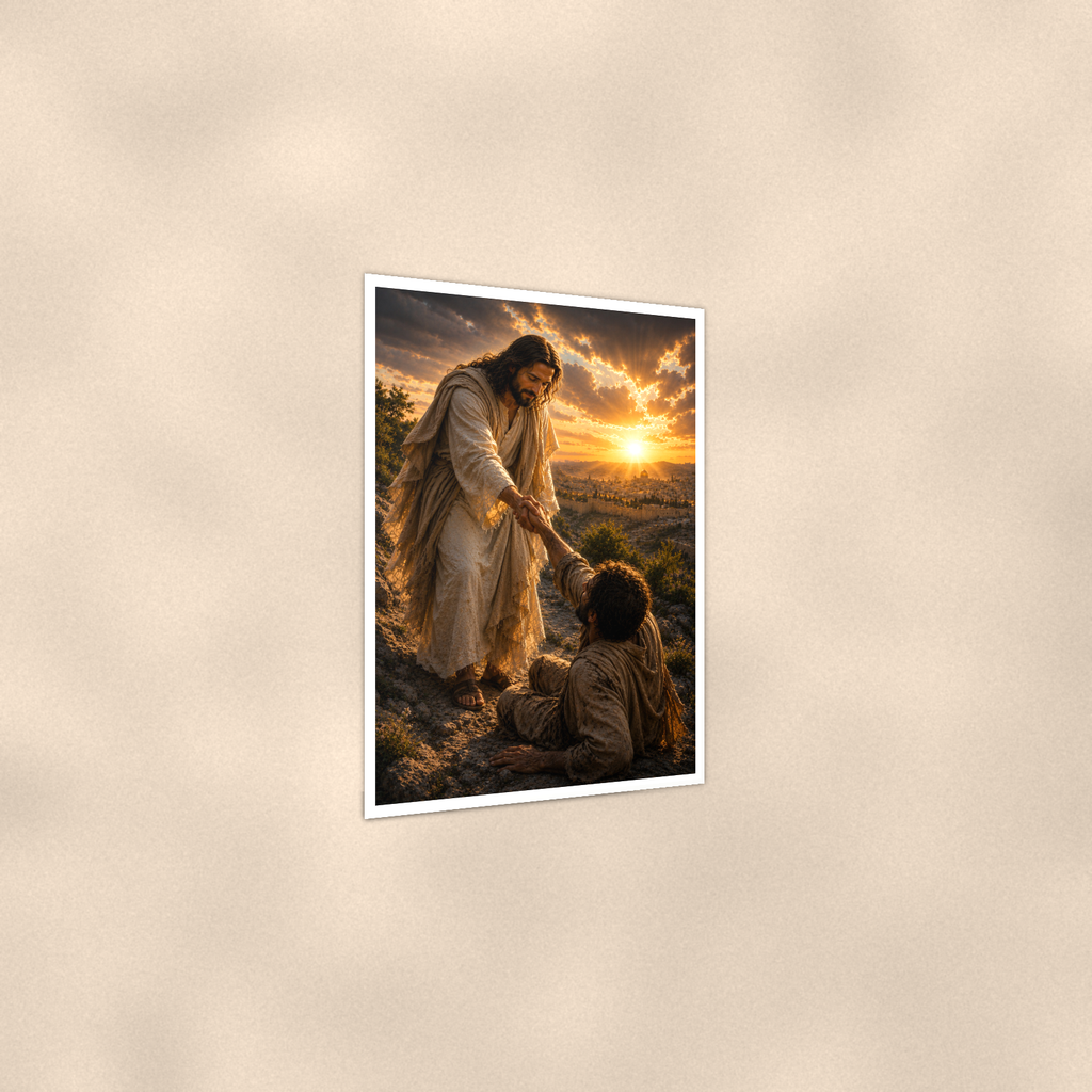Jesus Lifting A Fallen Man - Christian Poster 16x24 & 24x36 — Print detail