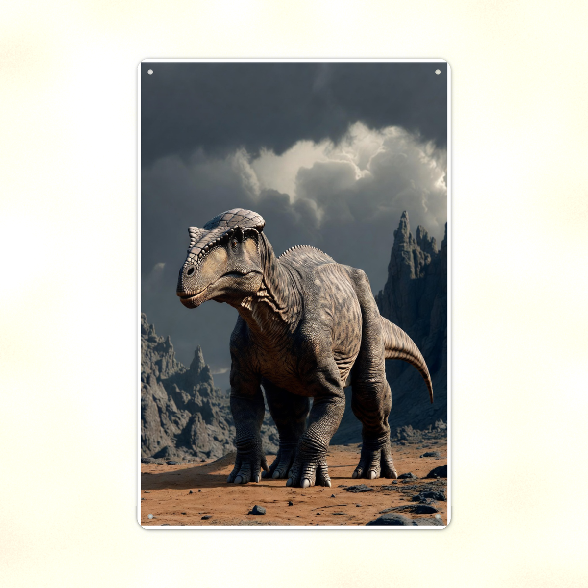 Dome Head Dinosaur, Storm Mountain Scene - Metal Sign 8x12 & 12x18 — Print detail