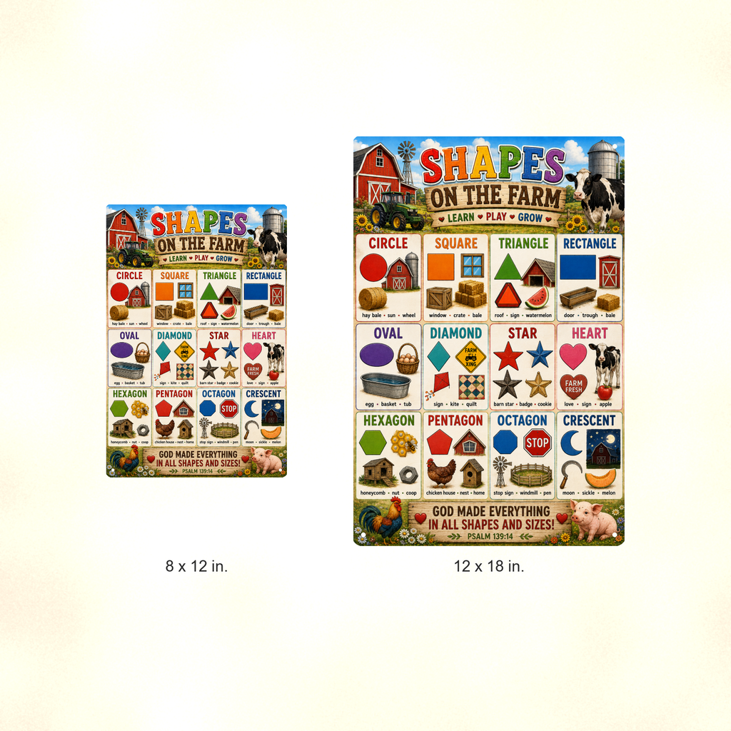 Shapes on the Farm - Psalm 139:14 Scripture, Kids Christian Metal Sign 8x12 & 12x18, Homeschool Classroom Decor — Size options comparison