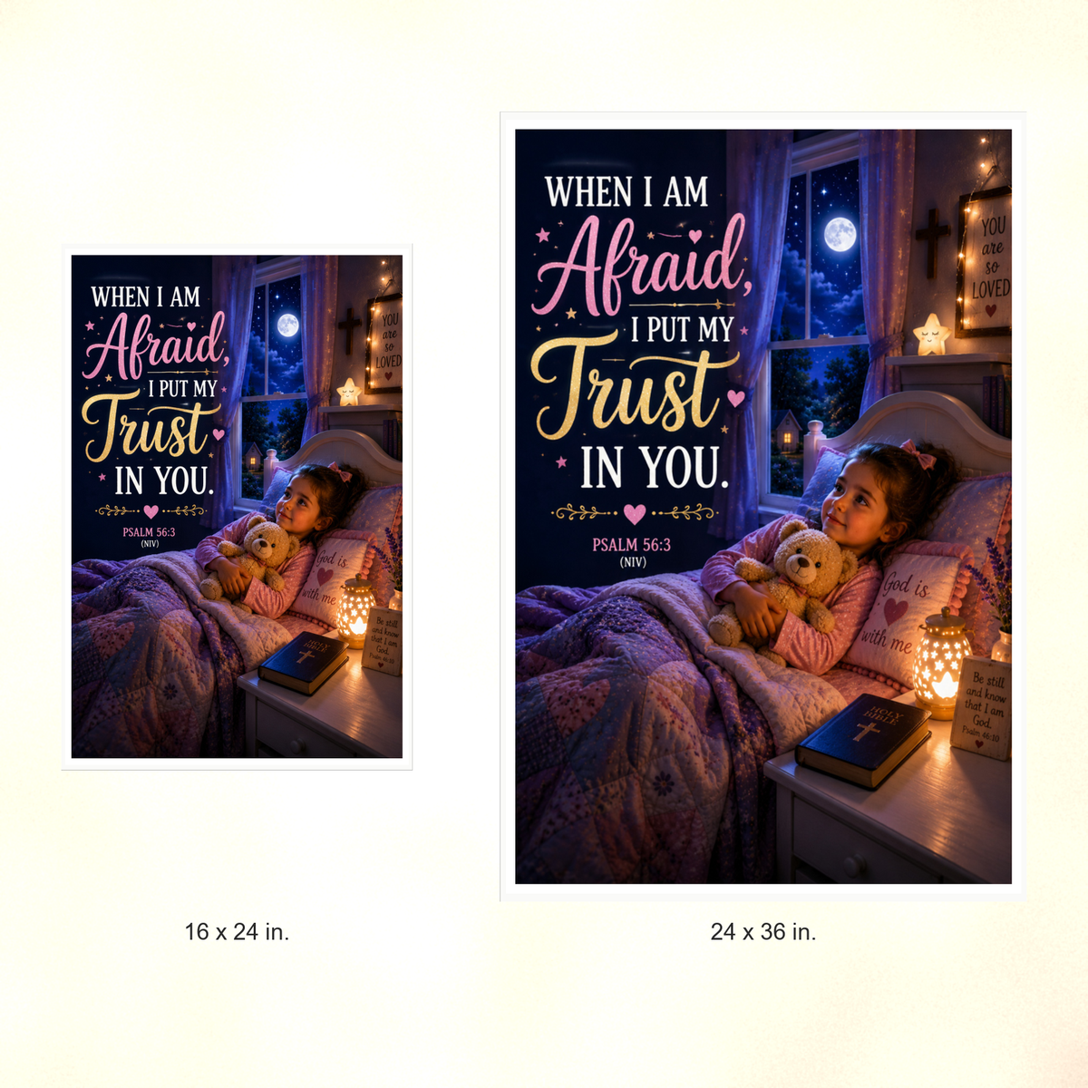 Poster size comparison: 16 x 24 inches and 24 x 36 inches, unframed.
