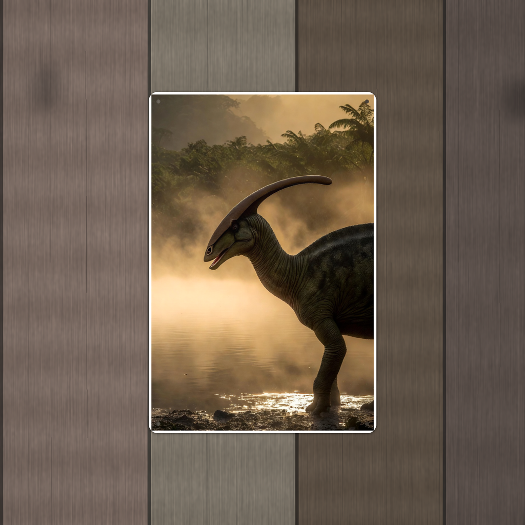 Parasaurolophus Misty River - Dinosaur Metal Sign 8x12 & 12x18, Aluminum Decor — Alternate wall view