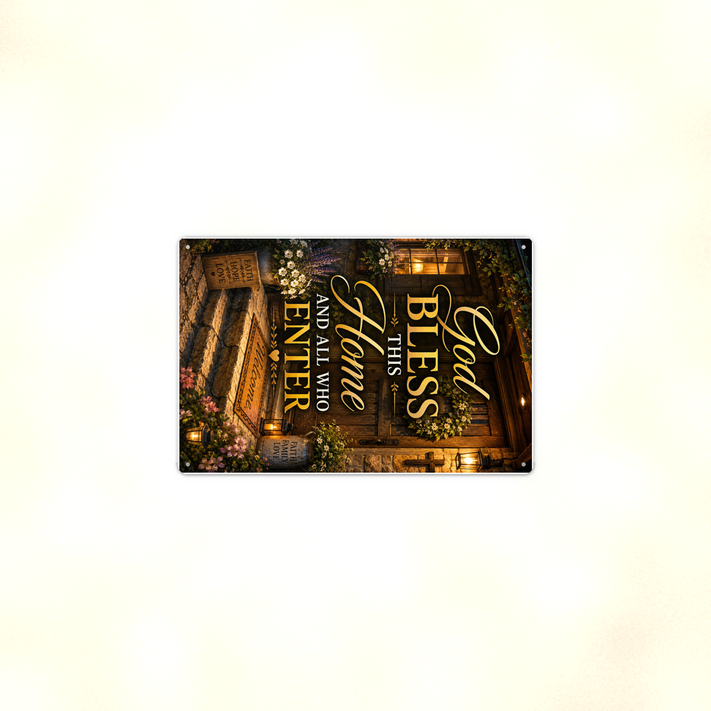 God Bless This Home And All Who Enter - Christian Metal Sign 8x12 & 12x18 — Context view