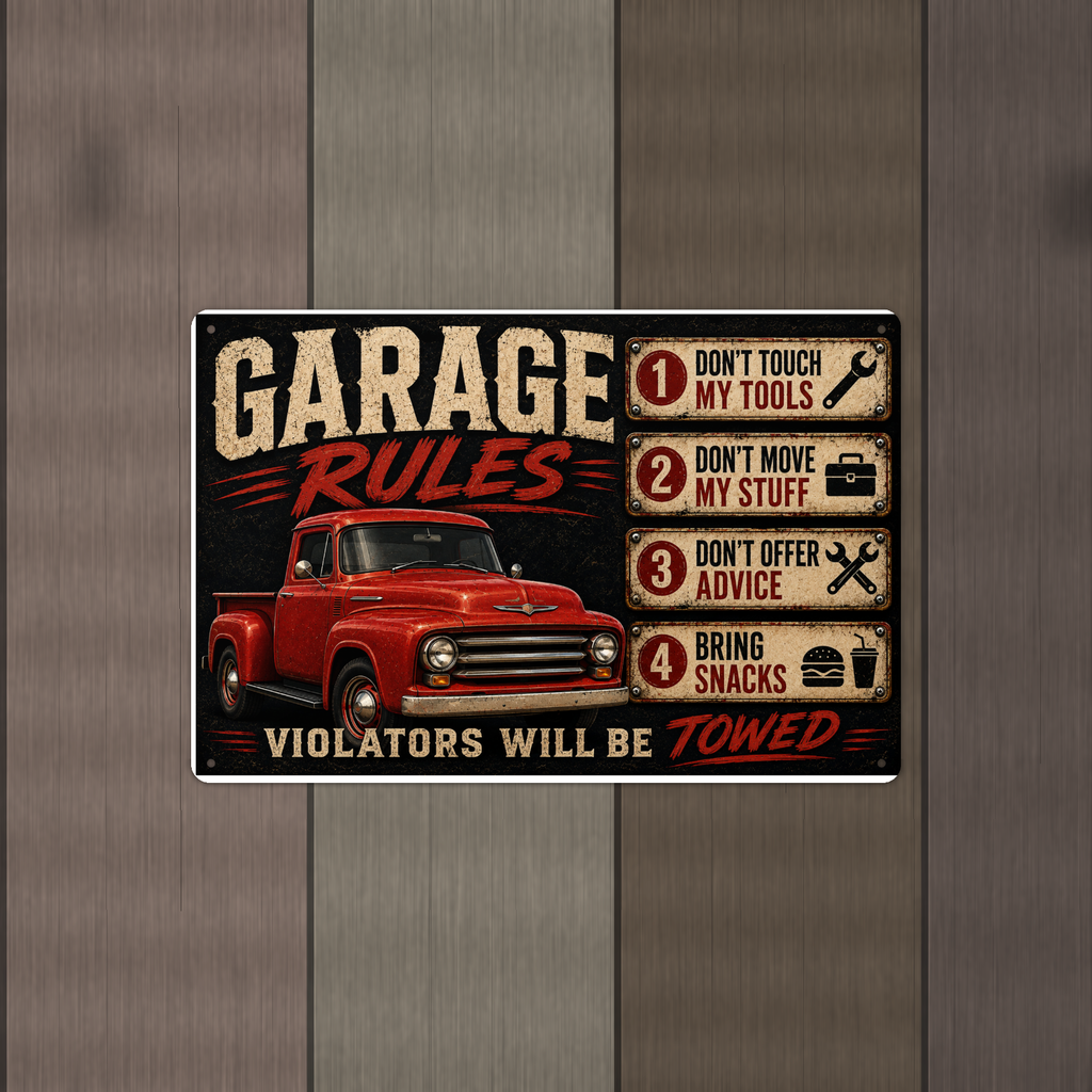 Garage Rules - Bring Snacks, Violators Towed, Funny Metal Sign 8x12 & 12x18 — Alternate wall view