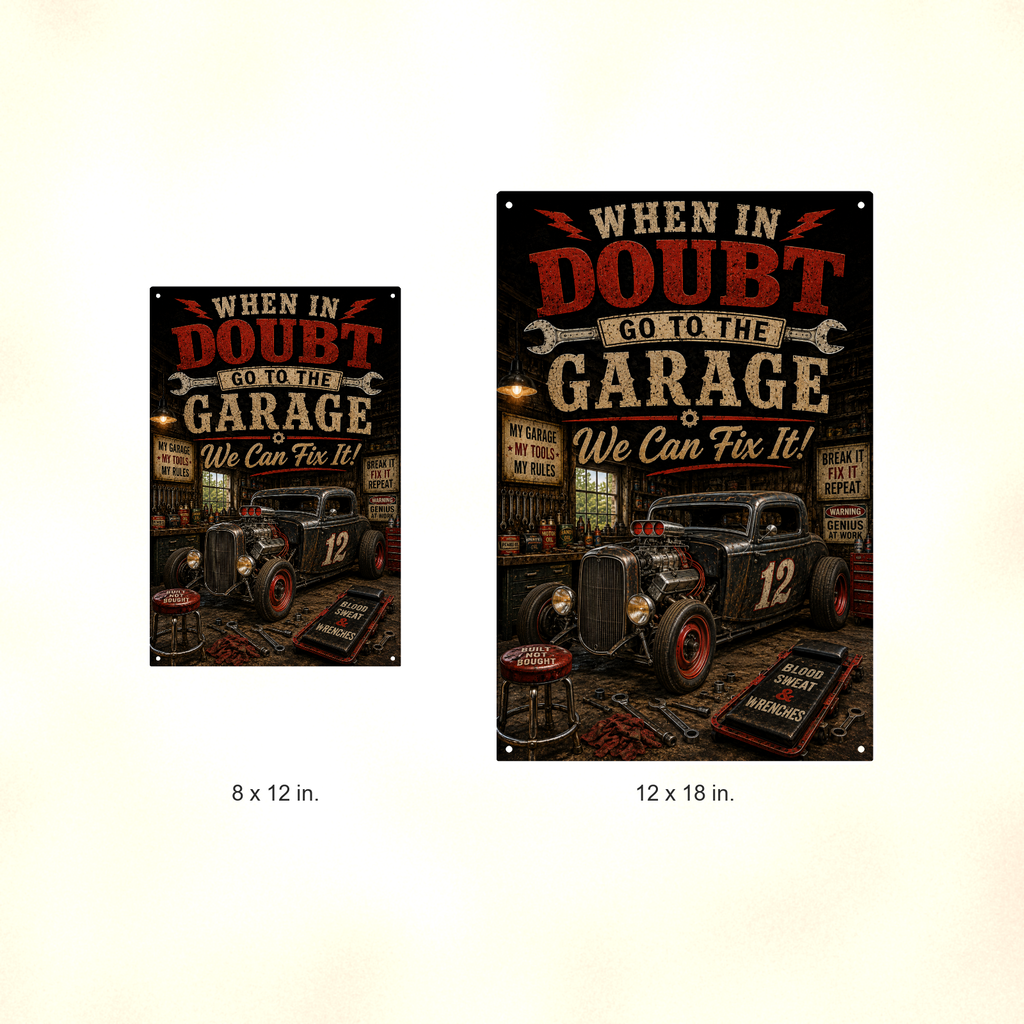When In Doubt Go To The Garage - Funny Metal Sign 8x12 & 12x18, Aluminum Shop Decor — Size options comparison