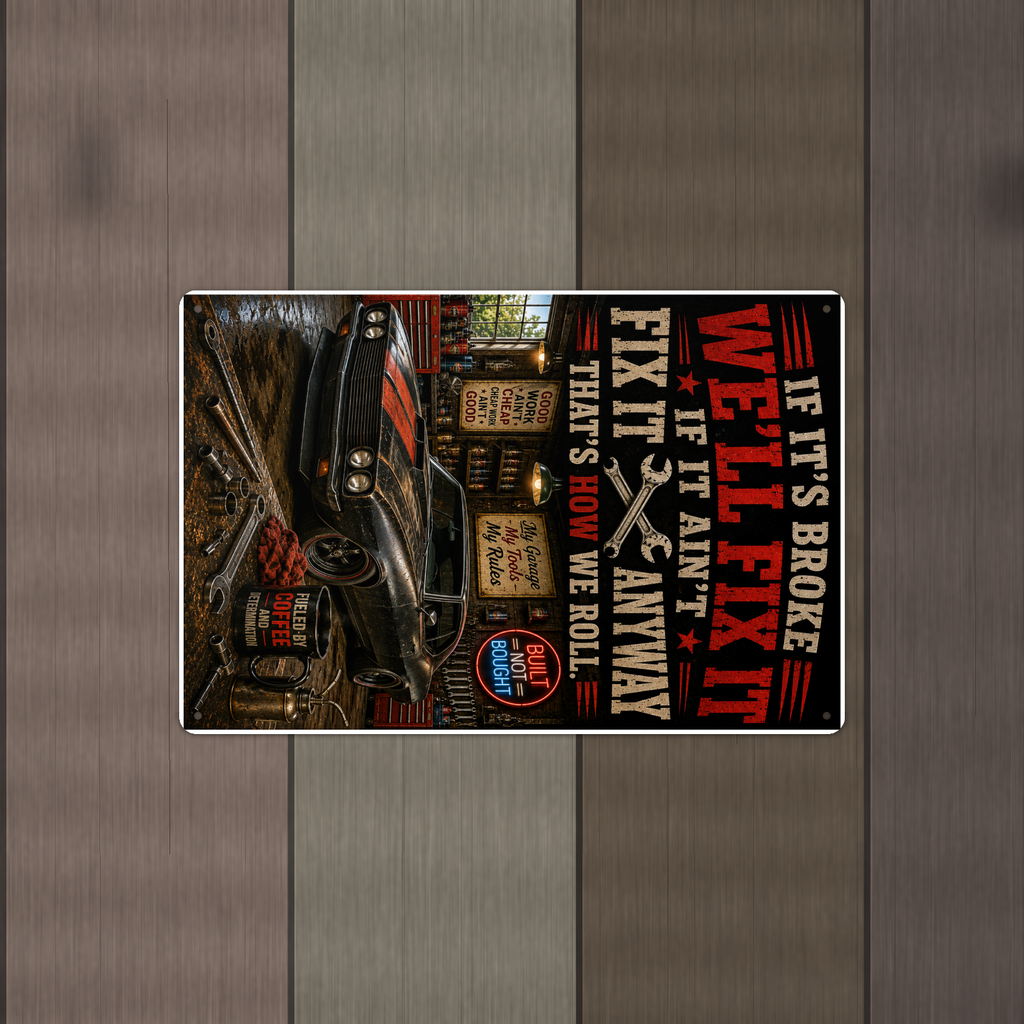 If Broke We'll Fix It Anyway - Funny Garage Metal Sign 8x12 & 12x18 — Alternate wall view