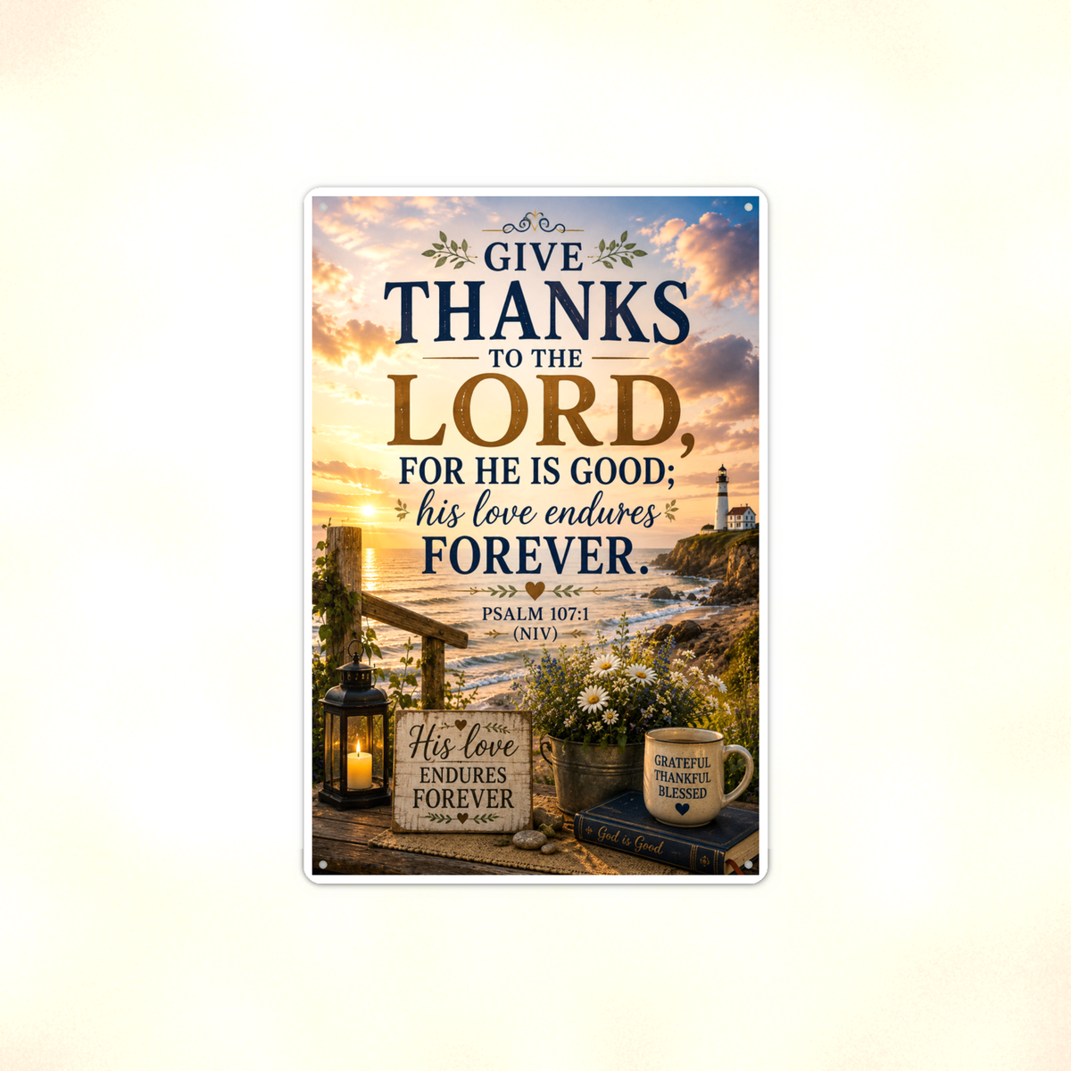 Give Thanks To The Lord For He Is Good - Psalm 107:1, Christian Metal Sign 8x12 & 12x18 — Full product view
