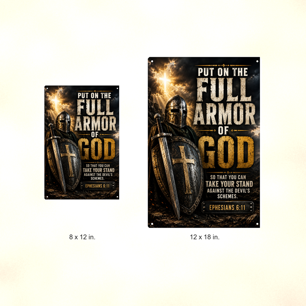 Put On The Full Armor Of God - Ephesians 6:11, Christian Metal Sign 8x12 & 12x18 — Size options comparison