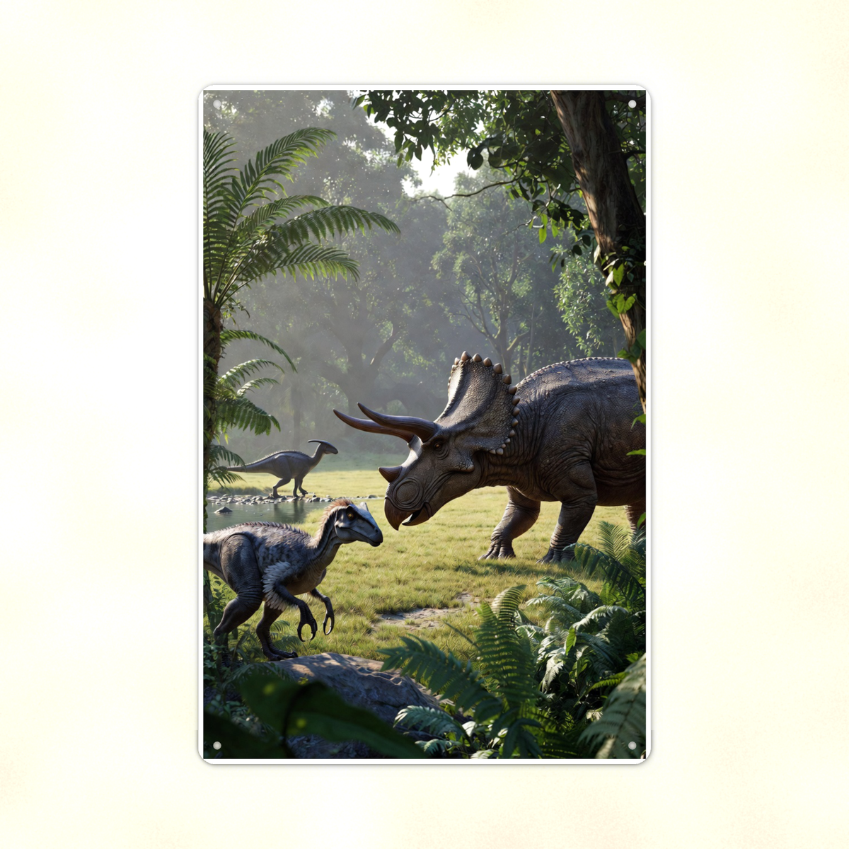 Triceratops Waterhole Scene - Dinosaur Metal Sign 8x12 & 12x18, Aluminum Decor — Print detail