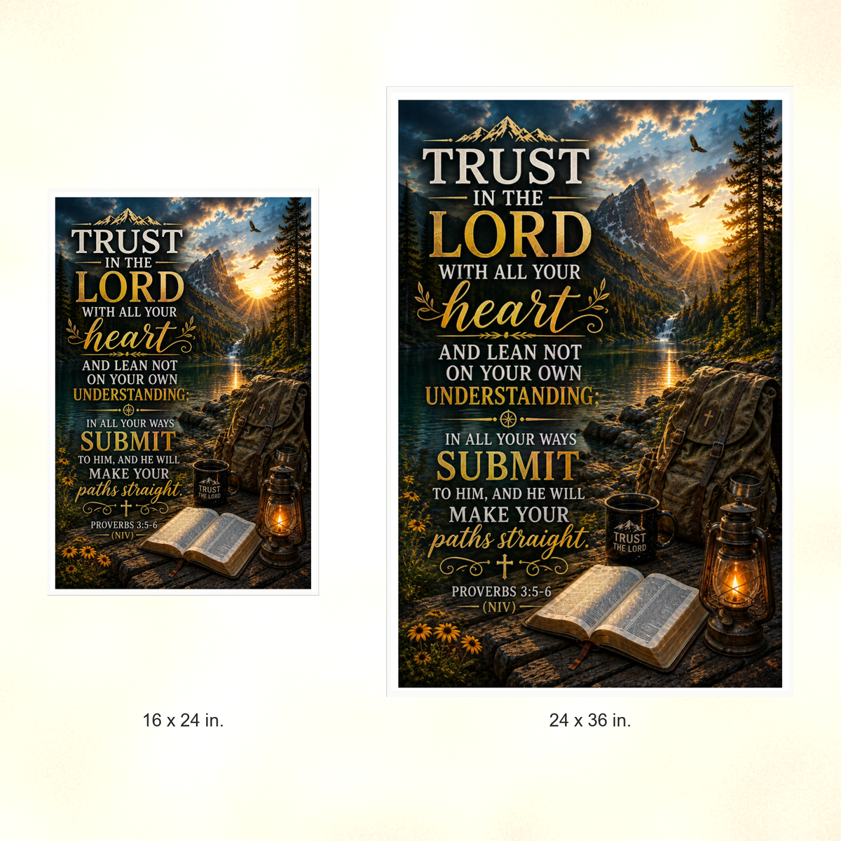 Poster size comparison: 16 x 24 inches and 24 x 36 inches, unframed.