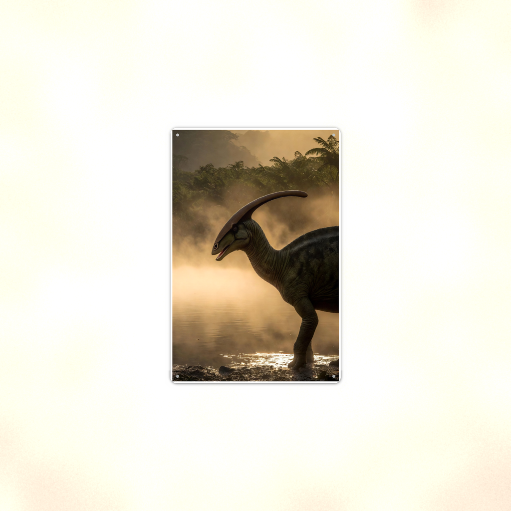 Parasaurolophus Misty River - Dinosaur Metal Sign 8x12 & 12x18, Aluminum Decor — Context view