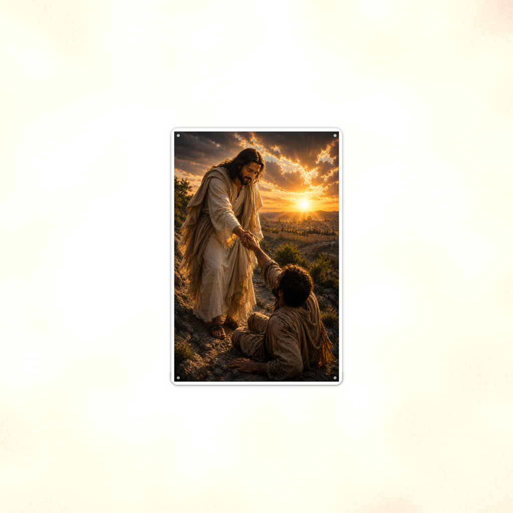 Jesus Lifting A Fallen Man - Christian Metal Sign 8x12 & 12x18 — Context view