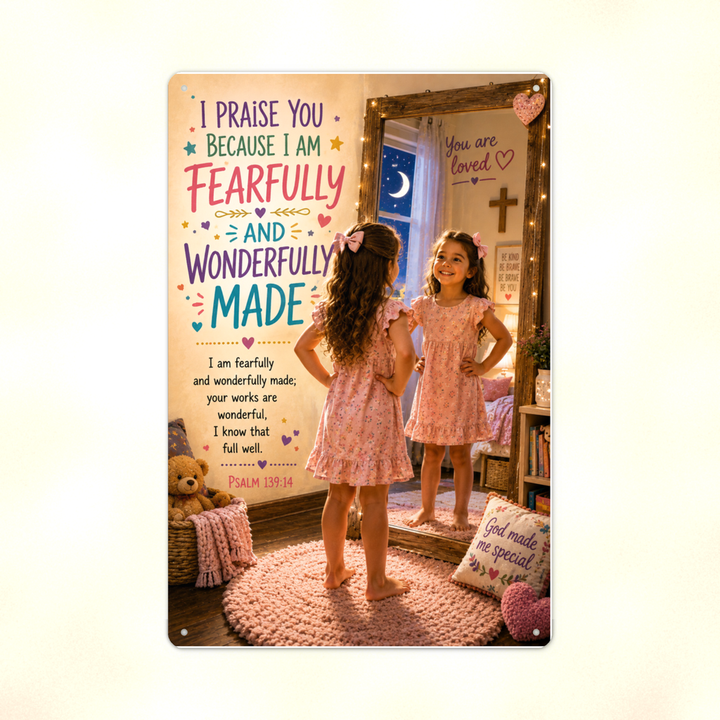 I Am Fearfully And Wonderfully Made - Psalm 139:14, Girl's Christian Metal Sign 8x12 & 12x18 — Print detail