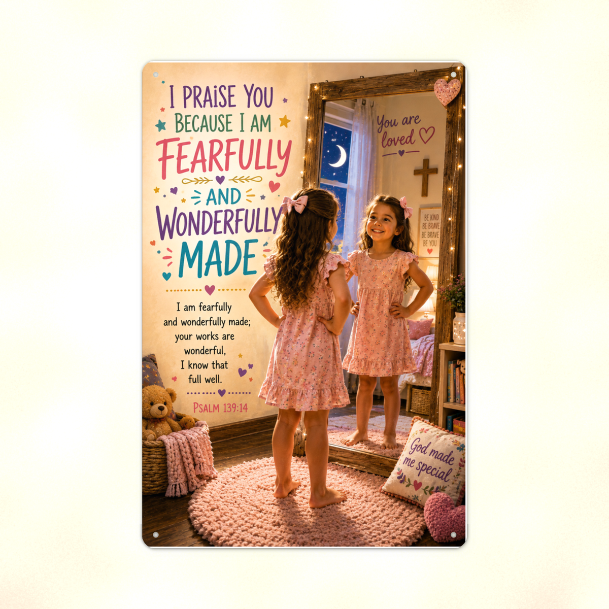 I Am Fearfully And Wonderfully Made - Psalm 139:14, Girl's Christian Metal Sign 8x12 & 12x18 — Print detail