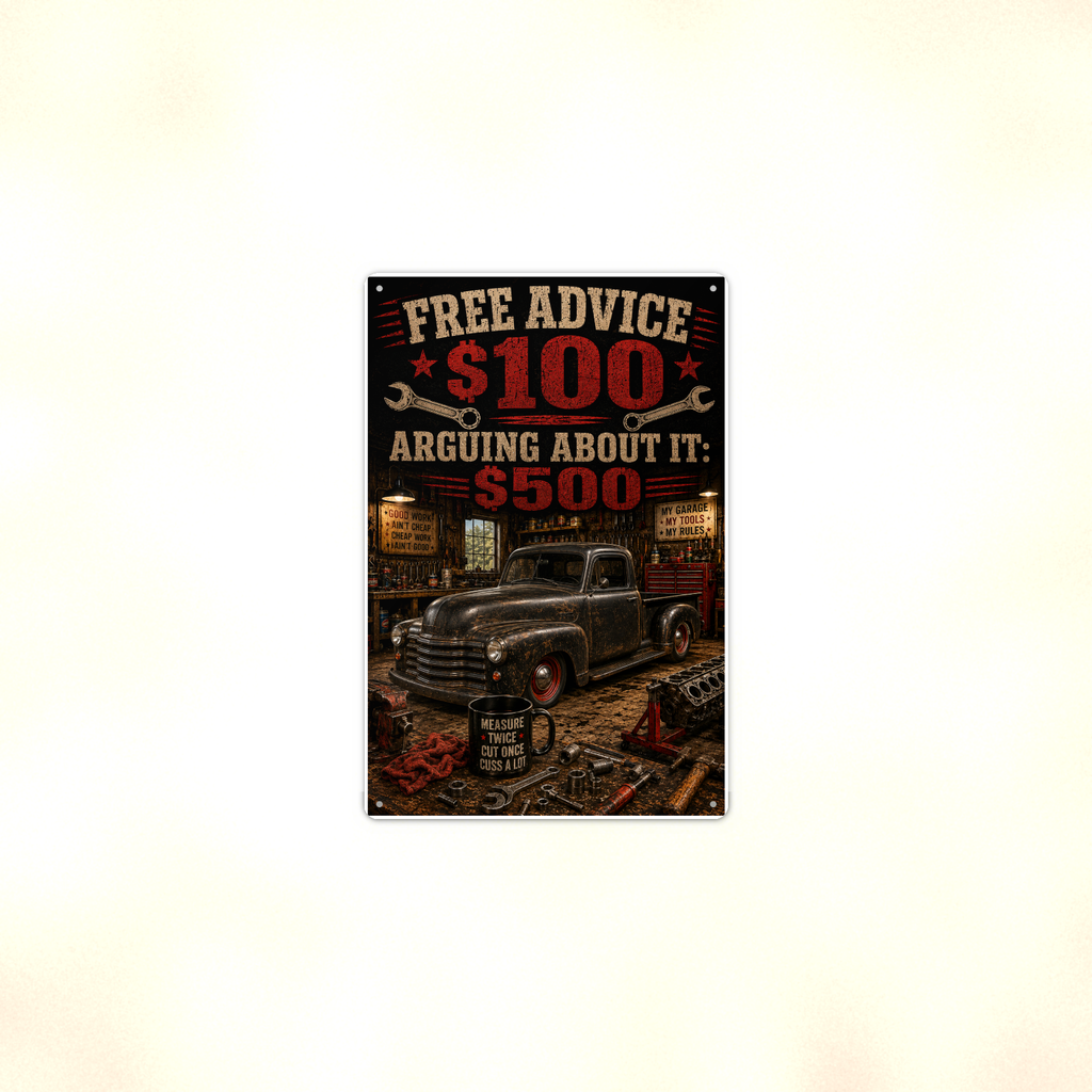 Free Advice, Arguing Costs Extra - Funny Garage Metal Sign 8x12 & 12x18 — Context view