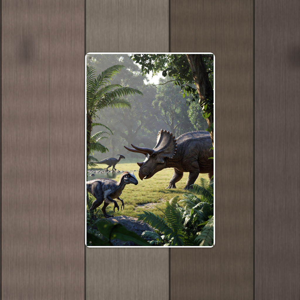 Triceratops Waterhole Scene - Dinosaur Metal Sign 8x12 & 12x18, Aluminum Decor — Alternate wall view