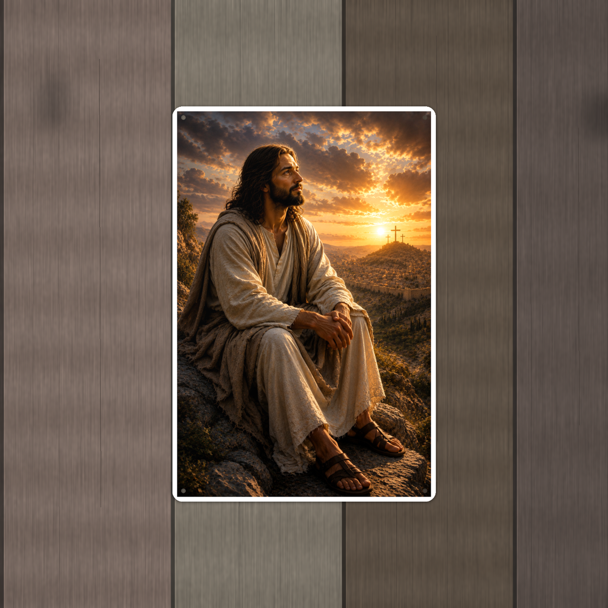 Jesus On The Hillside At Sunset - Christian Metal Sign 8x12 & 12x18 — Alternate wall view