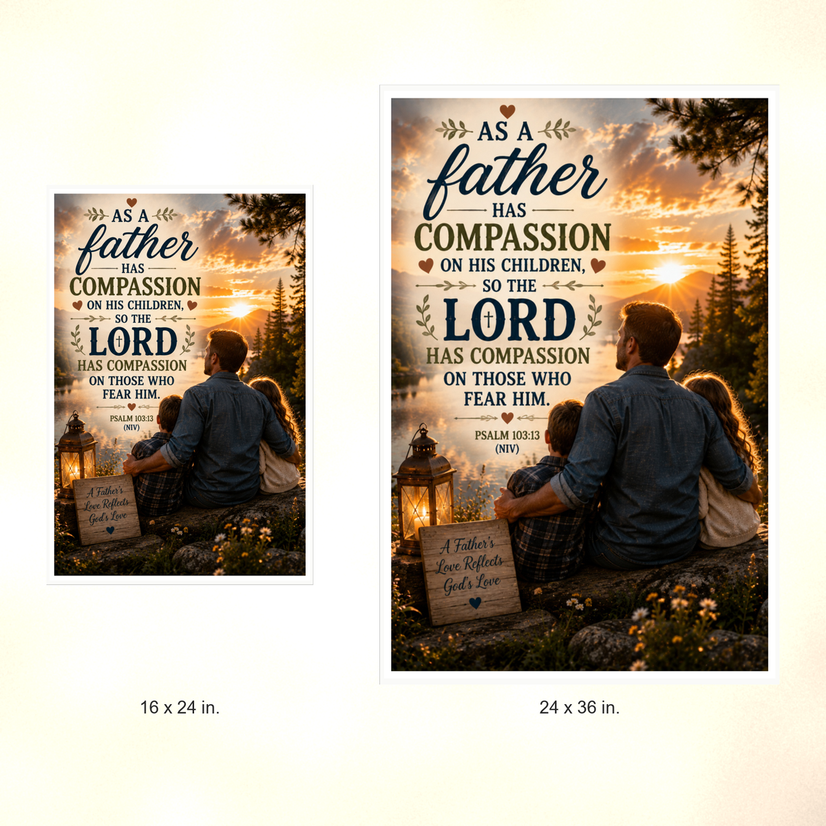 Poster size comparison: 16 x 24 inches and 24 x 36 inches, unframed.