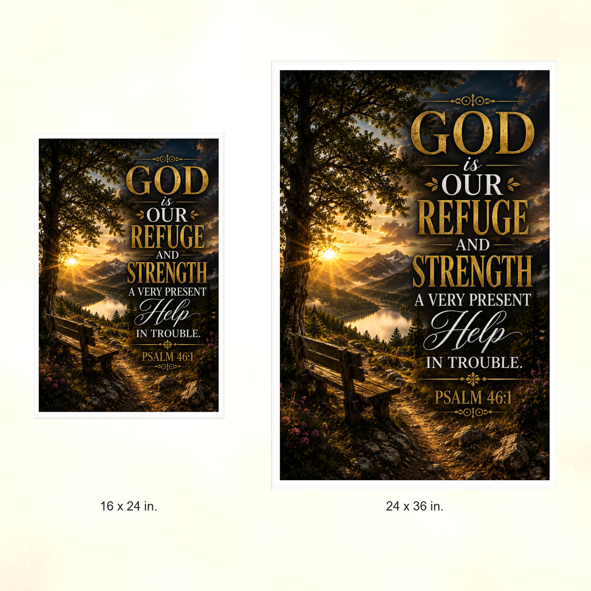 Poster size comparison: 16 x 24 inches and 24 x 36 inches, unframed.