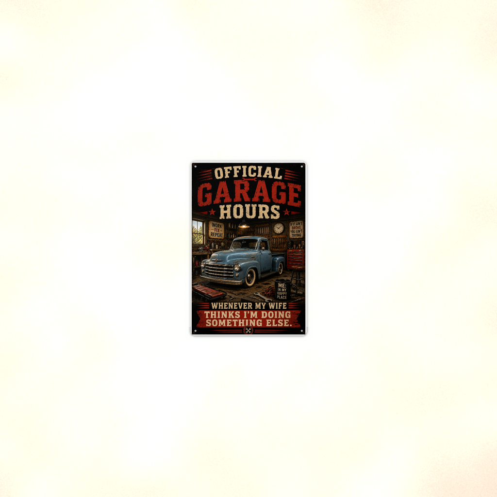 Official Garage Hours - Wife Thinks I'm Elsewhere, Metal Sign 8x12 & 12x18 — Room display