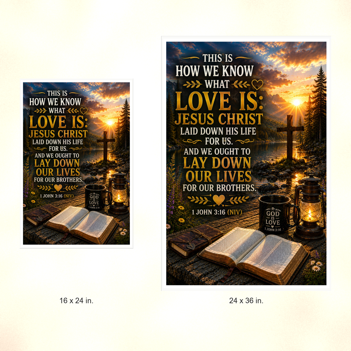 Poster size comparison: 16 x 24 inches and 24 x 36 inches, unframed.