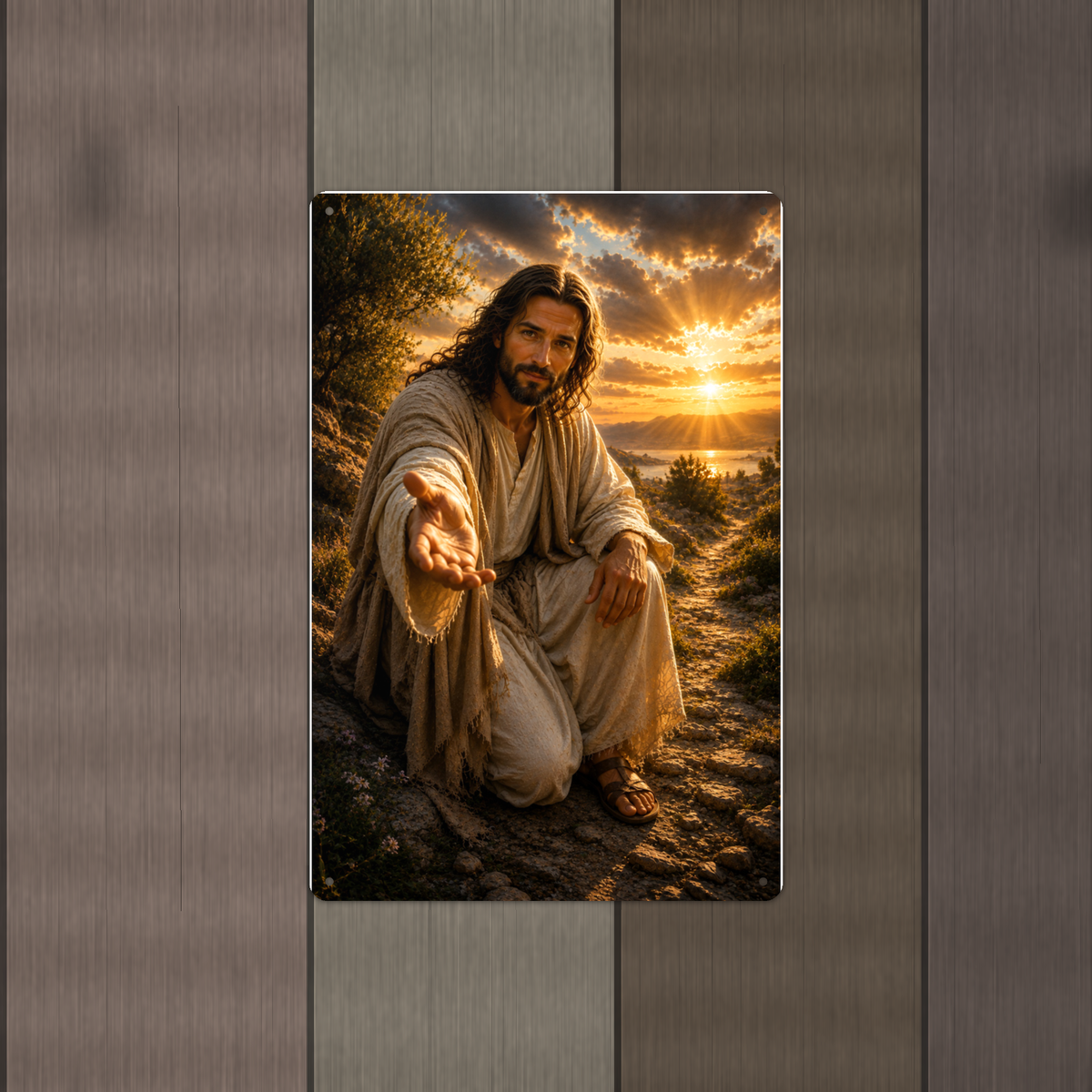 Jesus Reaching Out His Hand - Christian Metal Sign 8x12 & 12x18 — Alternate wall view
