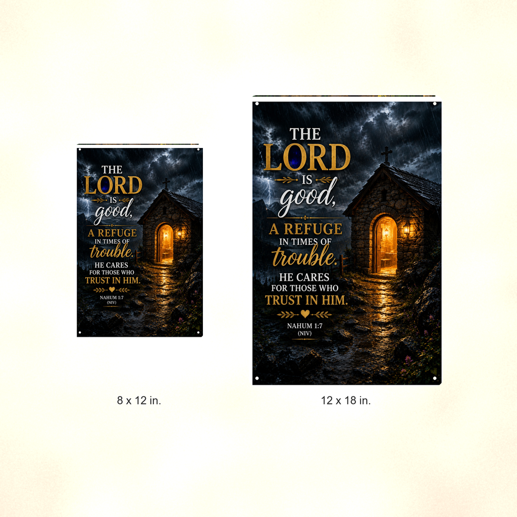 The Lord Is Good, A Refuge In Times Of Trouble - Nahum 1:7, Christian Metal Sign 8x12 & 12x18 — Size options comparison