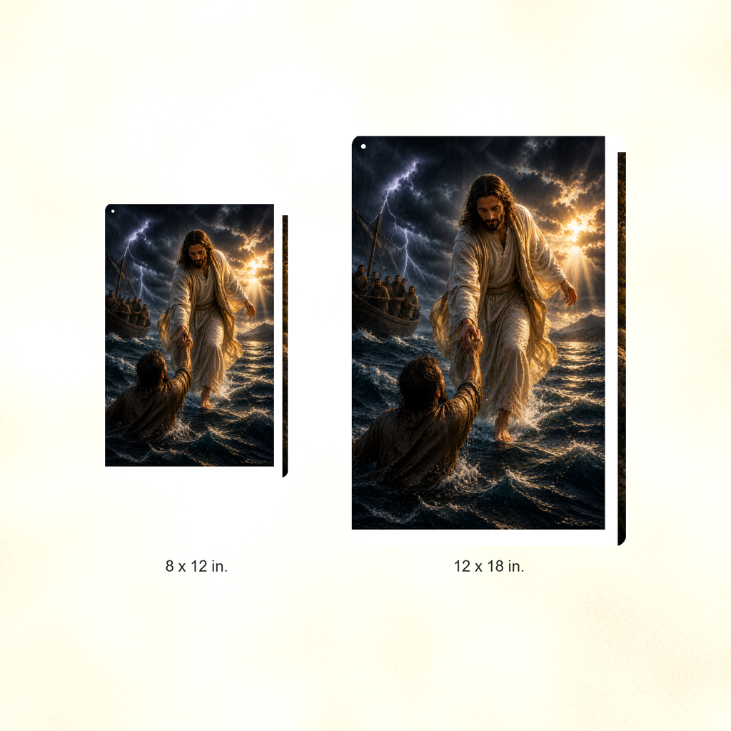 Jesus Saves Sinking Peter - Christian Metal Sign 8x12 & 12x18 — Size options comparison