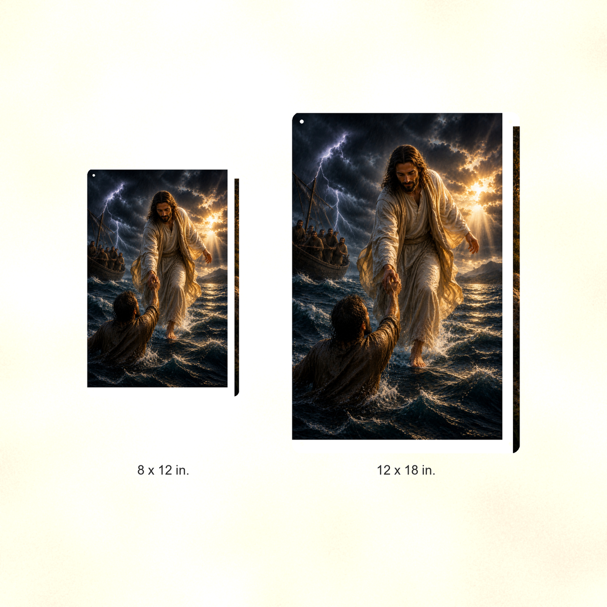 Jesus Saves Sinking Peter - Christian Metal Sign 8x12 & 12x18 — Size options comparison
