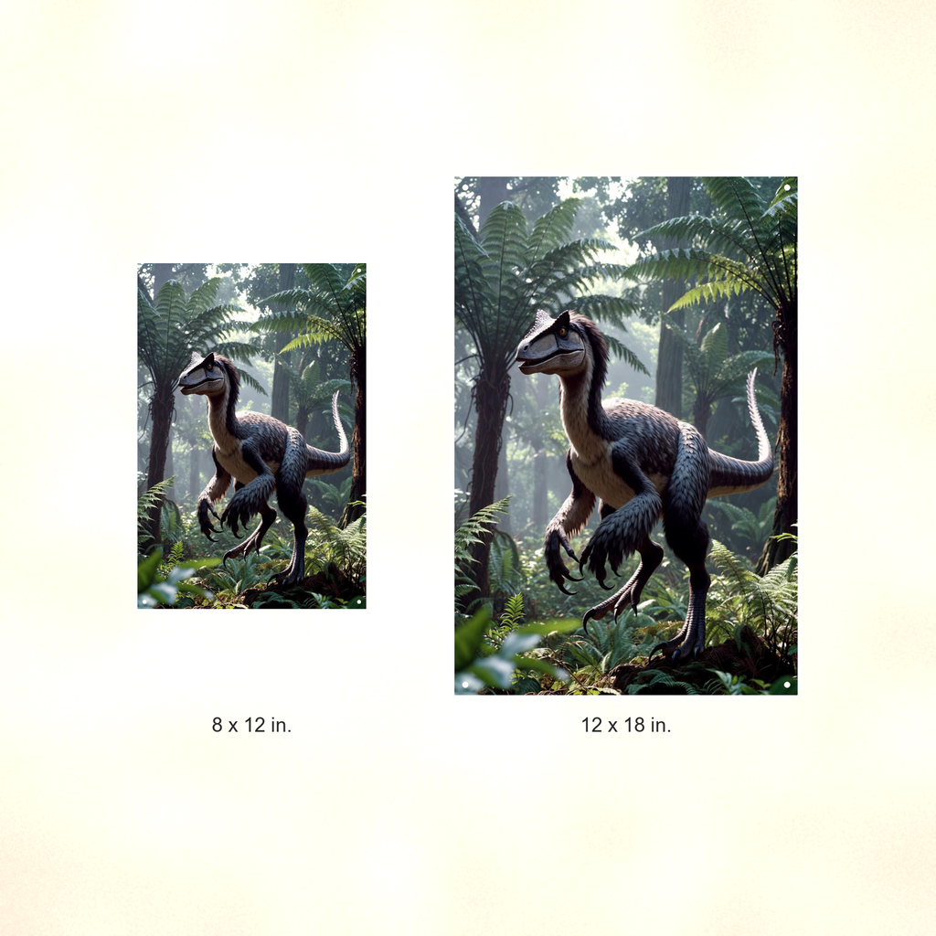 Feathered Raptor Jungle Scene - Dinosaur Metal Sign 8x12 & 12x18 — Size options comparison