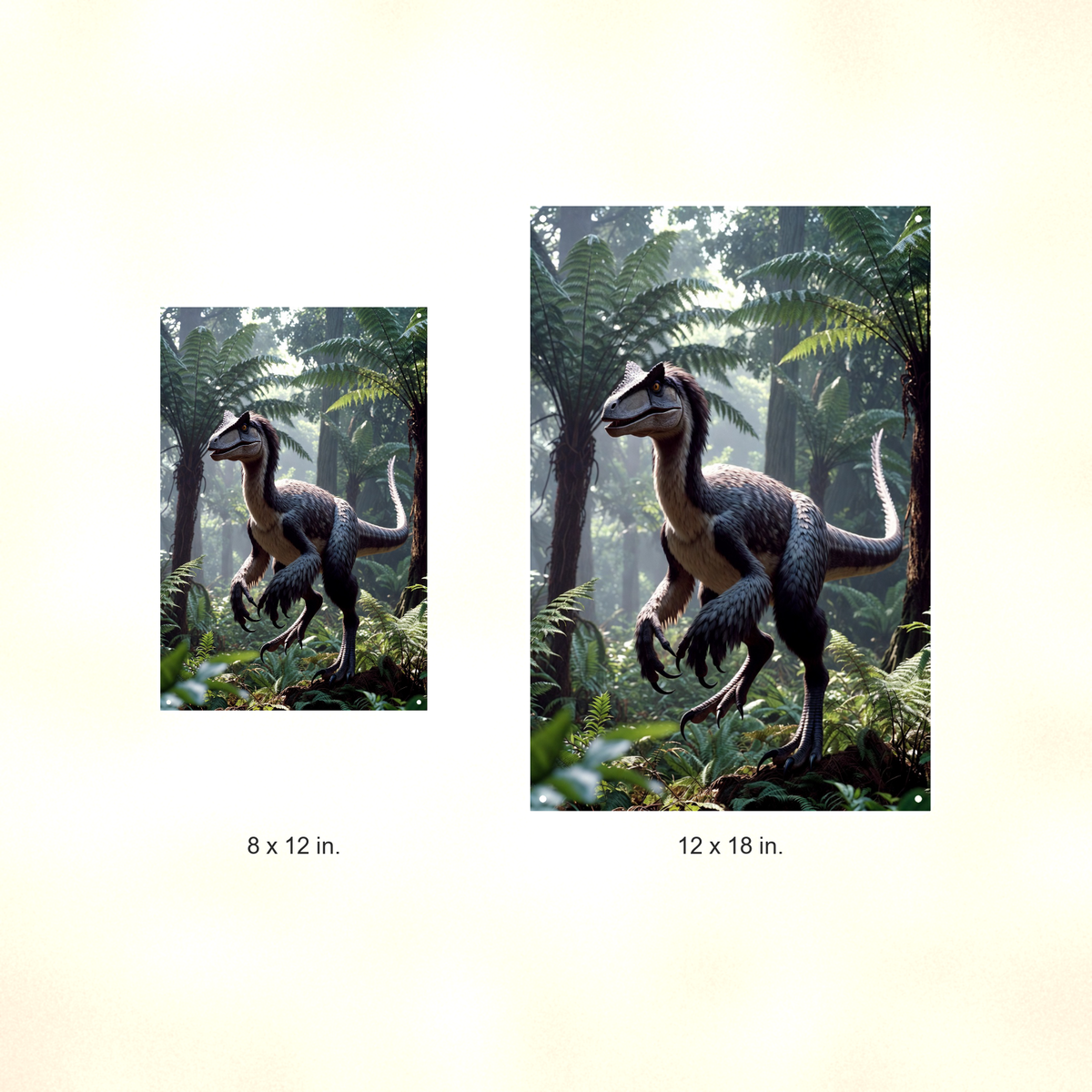 Feathered Raptor Jungle Scene - Dinosaur Metal Sign 8x12 & 12x18 — Size options comparison
